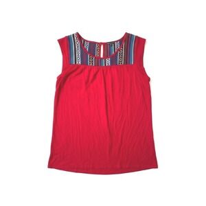 Hannah Red Sleeveless Boho Top Southwestern Aztec Geometric Yoke Peasant Medium